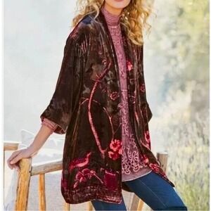 Soft Sorroundings Shiori Velvet Jacket Women's M Black Red Silk Blend cardigan